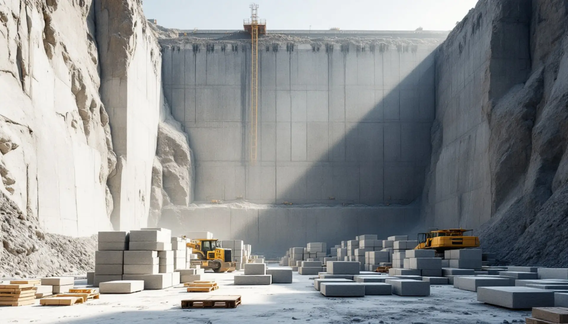 Cut granite blocks stacked on a quarry floor under tall grey walls